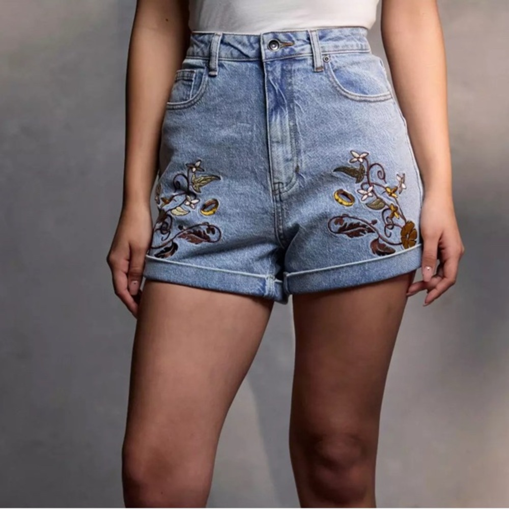 Her Universe Blue Jean Shorts with Embroidered Details
